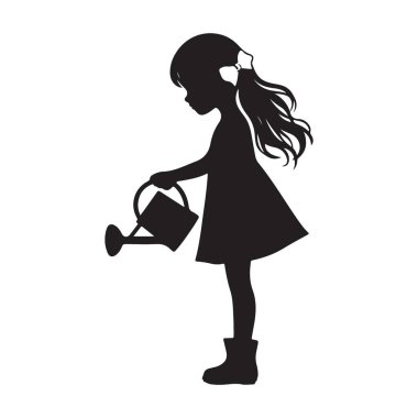 Çiçekleri sulayan, ilham veren küçük bir kızın silueti.