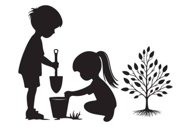 Siluet Çocuklar Ağaç Vektörü Ekiyor Çevre için Görüntü