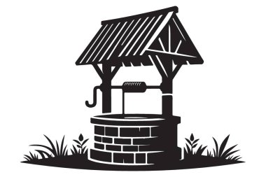 Vintage Wishing Well Vector Silhouette Illustration in Black and White clipart