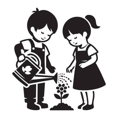 Çocuk Sulama Bitkileri Çizim Vektörü Silueti Siyah Tasarım