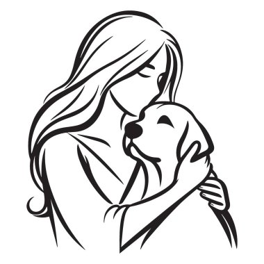 Kucaklayan kadın köpek illüstrasyonu şefkatli ilişki hayvan arkadaşlığı.
