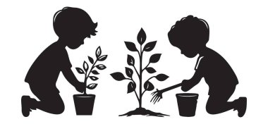 Çocuklar Ağaç Dikiyor Siluet Çevre Çevresi Çevresel Arkadaş Canlısı Etkinlik Çizimi