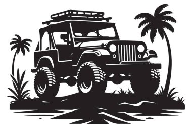 Tropikal Cennet Sahnesinin Ortasında Jeep Off Roading Adventure Silhouette