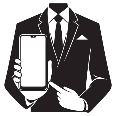 Telefon ekranı siluet çizimi gösteren profesyonel takım elbiseli adam.
