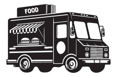 Yemek kamyonu vektör silueti tekerlekli lezzetli yemekler sunuyor.