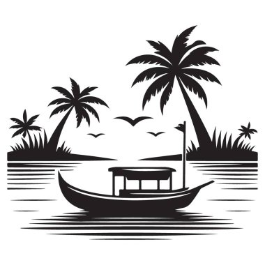 Tropik Ada Tekne Vektörü İllüstrasyonu, Plaj Cenneti Sahnesi