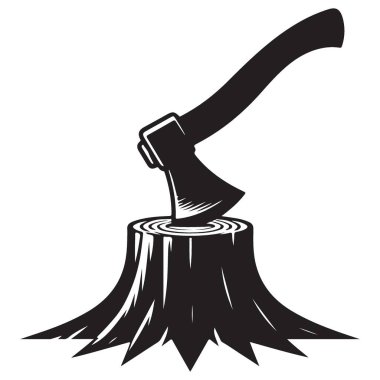 Ağaç Damgasındaki Balta Siyah Siluet Kesici Ahşap Vektör Tasarımı