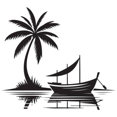 Tekne ve Palmiye Ağacı Siluet Vektör Sanatı ile Tropik Plaj