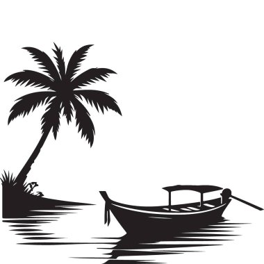 Palmiye Ağacı ve Tekne Silüeti Vektör Sanatı ile Tropik Plaj