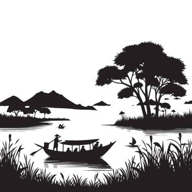 Manzaralı nehir manzarası çiziminde siluet tekne gezisi