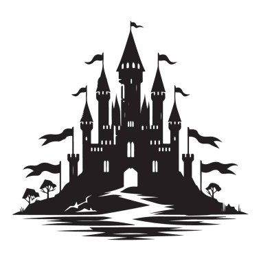 Siluet peri masalı kale manzarası fantezi mimarisi kraliyet konutu tasarımı