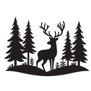 Ormanda Görkemli Geyik Doğayı Sevenler İçin Siluet Vektör İllüstrasyonu