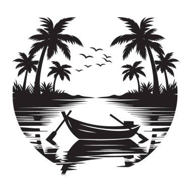 Palmiye ağaçları ve geleneksel tekne silueti manzaralı sakin göl