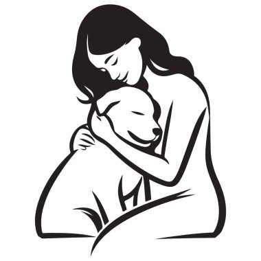 Köpek Çizgisine Kucaklayan Kadın Hayvan Aşkı 'nın Sanat İllüstrasyonu