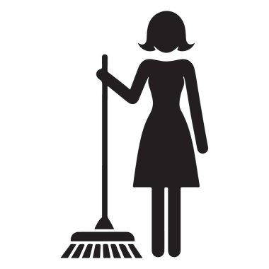 Süpürge vektörü illüstrasyonuyla Temizlik yapan Bir Kadının Silueti