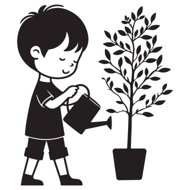 Saksı ağacını özenle sulayan genç bir çocuğun silueti.