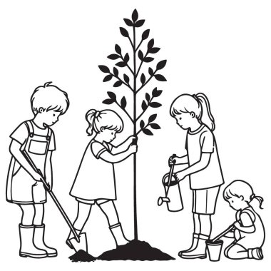 Takım çalışması illüstrasyon, çocuklar ağaç dikiyor ve her zaman birlikte ilgileniyorlar.