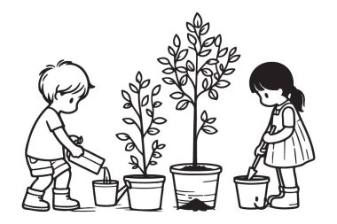 Çocuklar Saksıda Ağaç Dikiyor Tohum Yetiştiriyor Çizimleri