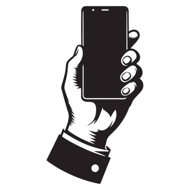 Man 's Hand Holding Smart Phone Siluet Vektör İllüstrasyon Şablonu