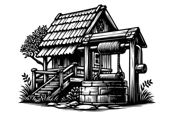 Büyüleyici Tahta Kuyu Vektör İllüstrasyonu Bir Kırsal ve Klasik Tasarım