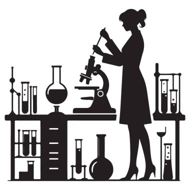 İllüstrasyon Kadın Bilimadamı Mikroskop Deneyi Laboratuar Araştırmasında Siluet