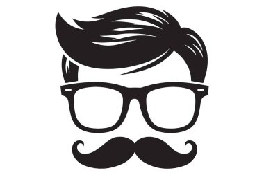Gözlüklü ve bıyık vektör silueti tasarımlı stilize hipster yüzü