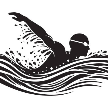 Bir Yüzücünün Siluet Vektörü Su Dalgaları Arasında Serbest Stil Yapıyor