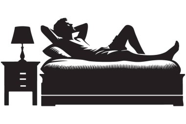 Siluet Adam Yatağın kenarında dinleniyor Sabahın erken saatlerinde