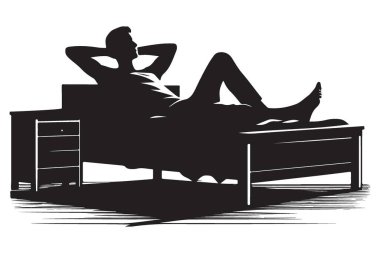 Rahatlamış Adam Silueti Yatakta uzanıyor Huzurlu Sabahın tadını çıkarıyor
