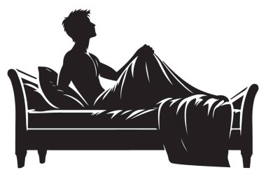 Erkek Silueti Yatak Tutma Battaniyesi Çiziminde Dik Oturuyor