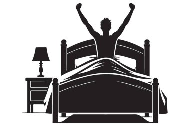 Siluet Adam, Masa Lambası 'nın yanında, Yatakta Kollarını Gerdirerek Uyanıyor