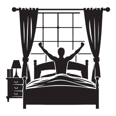 Siluet Adam Yatakta Pencere ve Perde Görünümlü Kollarını Geriyor