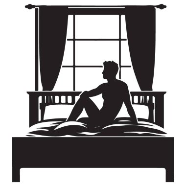 Pencerenin yanındaki yatakta oturan bir adamın silueti.