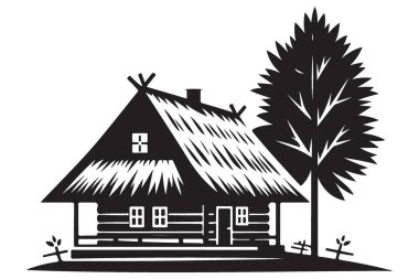 Thatched Damlı Geleneksel Kulübe Silueti Vektör İllüstrasyonu