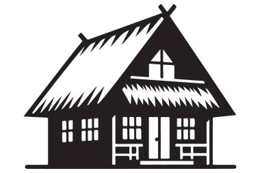 Siyah Siluet Kır Evi 'nin Samimi Thatched Çatı İllüstrasyonu