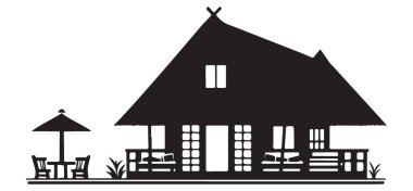 Siyah Siluet Çizim Kıyı Tatil Evi Thatched Roof 'lu