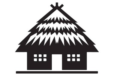 Koyu Silüet Çizim Tasarımı Thatched Roof Building Basit