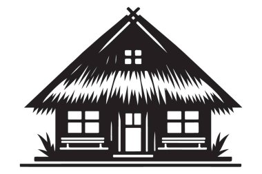 Karanlık Siluet Çizimi Thatched Damdaki Çiftlik Evi Tasarımı