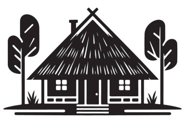 Büyüleyici Thatched Çatı Evi Ağaçlar Arasında Silüet Çizim Tasarımı