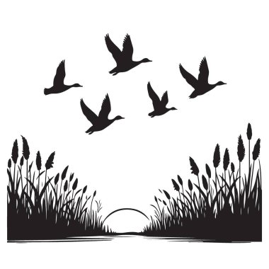 Siluet Ördekler Su ve Bitkilerin Üzerinde Uçan Doğayı Sunar