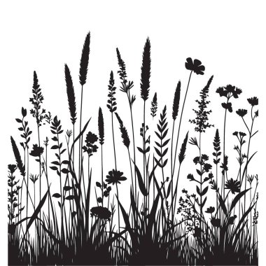 Büyüleyici siluet kır çiçekleri ve doğa severler için çim illüstrasyonu