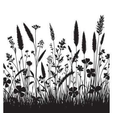 Minimalist siluet çayır bitkileri ve kır çiçekleri vektör örnekleme şablonu