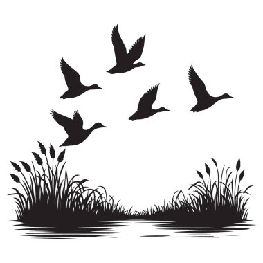 Bataklık Sahne Vektörü Çizimlerinin Üzerinde Uçan Ördekler