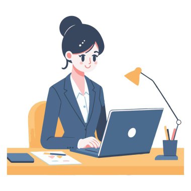 Odaklanmış İş Kadını Ofis Masasında Dizüstü bilgisayarla çalışıyor