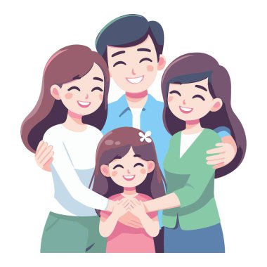 İki kız çocuğu, baba ve anne ile mutlu aile çizimleri.