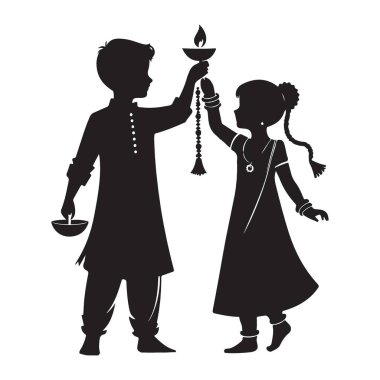 Diwali Kutlama Silueti Erkek ve Kız Kardeş İllüstrasyonunun