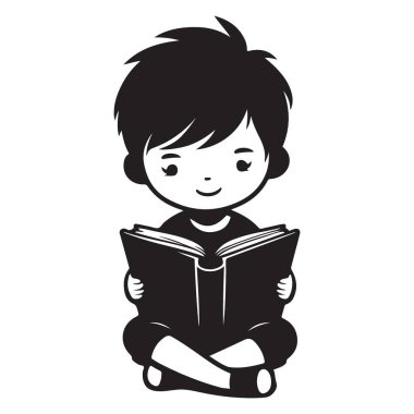 Kitap Okuyan Sevimli Küçük Çocuk Kitap Eğitimi Silüet Vektörü Grafik