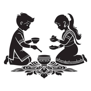 Bengalli Çocuklar Annaprashan Seremonisi Siluet Vektör Çizimi