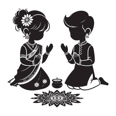 Diwali Kutlama Silueti Çocuk Duası Vektör Sanat Çizimi