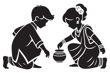 Tatlı Siluet Çocuklar Çocuklar İçin Tencere Resimleriyle Oynuyor